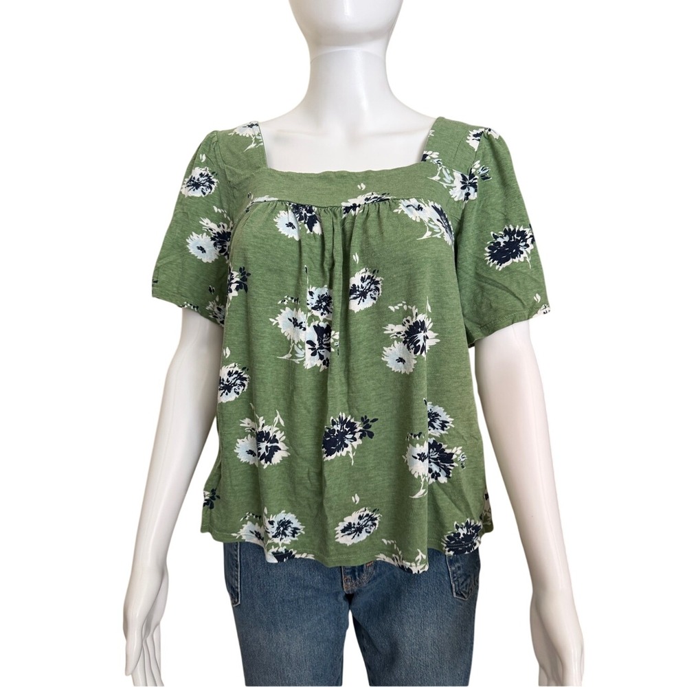 Lucky Brand Green Floral Cotton Modal Peasant Short Sleeve Flowy Shirt Top Large